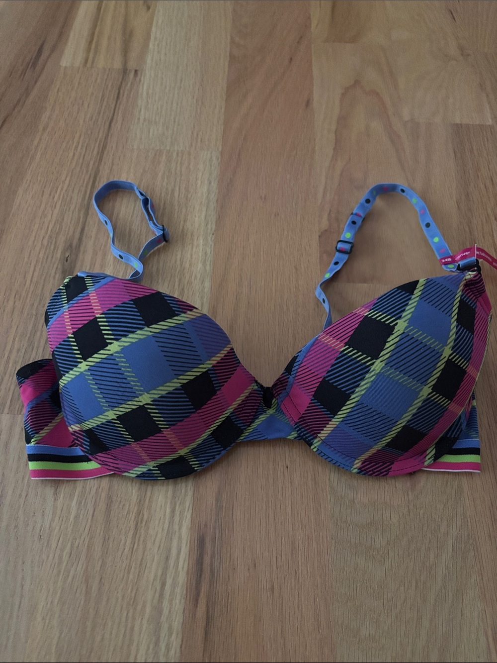 Black Bra with Multicolor Plaid and Polka Dot Accents